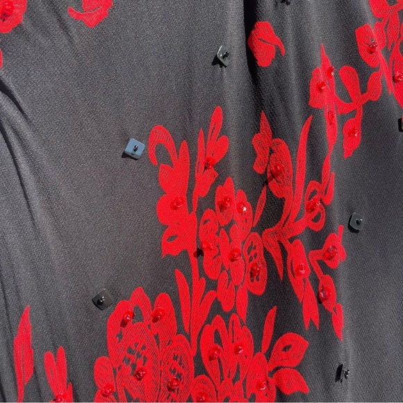 MAJICK vintage black sheer red floral sequin lace trim short sleeve midi maxi - Picture 5 of 8